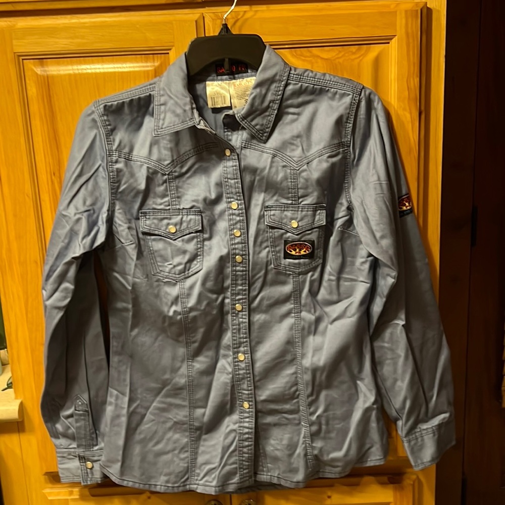 Women’s FR Rasco work shirt. Light denim. Pearl snaps. Flame Resistant. PPE